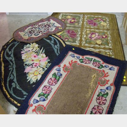 Four Floral Pattern Hooked Rugs
