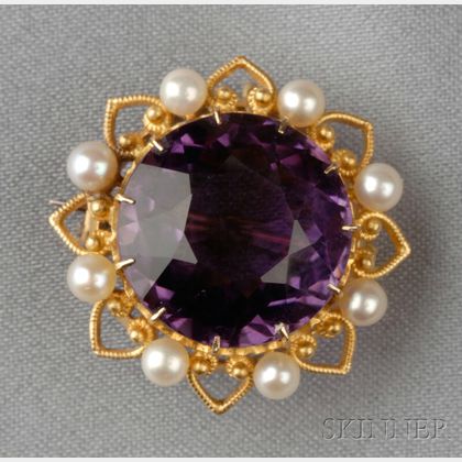 Antique 14kt Gold, Amethyst, and Seed Pearl Brooch