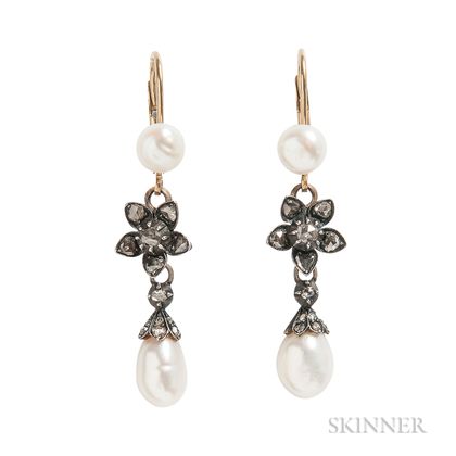 Rose-cut Diamond and Pearl Flower Earrings