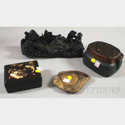 Chinese Carved Hardstone-mounted Ebonized Wood Box, Carved Wood Figural Group Depicting Lohan, a Carved Leaf-shaped Inkstone, and a Cop
