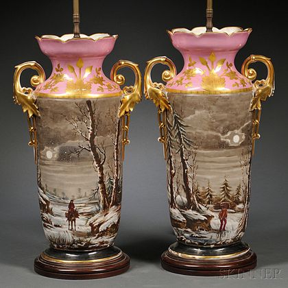 Pair of Limoges Hand-painted Porcelain Vases