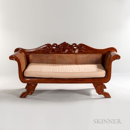 Carved Exotic Hardwood Caned Settee