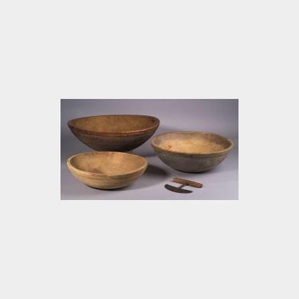 Three Turned Wooden Bowls and a Chopping Knife