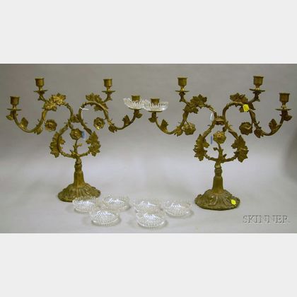 Pair of Victorian Gilt Cast Brass and Glass Four-Light Candelabrum