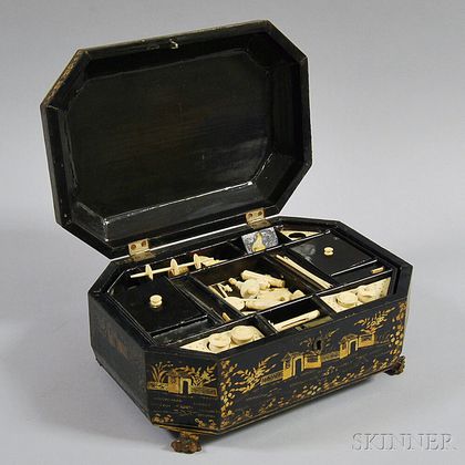 Chinese Export Black-lacquered Sewing Box