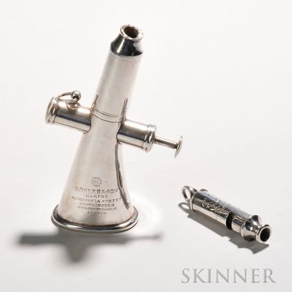 Two English White Metal Whistles, mid to late 19th century, a Köhler signal horn, stamped 1851-1862/KOHLER & SON/MAKERS/61 VICTORIA ST 