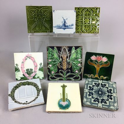 Nine Mostly Art Nouveau Glazed Ceramic Tiles