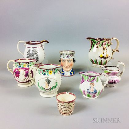 Eight Pink Lustre Commemorative Ceramic Items
