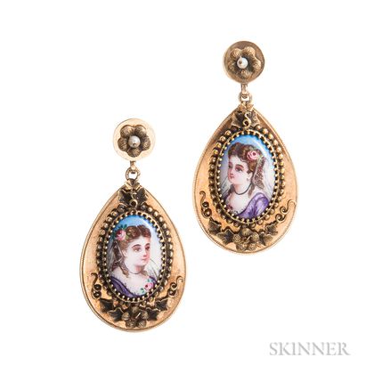Antique Gold and Swiss Enamel Earrings