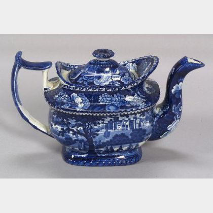 Blue Transfer Decorated Staffordshire Pottery Teapot