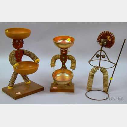 Three Folk Art Bottle Cap, Wire, and Brush Figural Holders. 