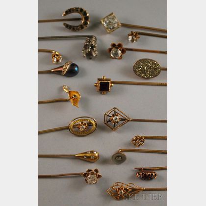 Eighteen Antique Diamond and Rhinestone Stickpins