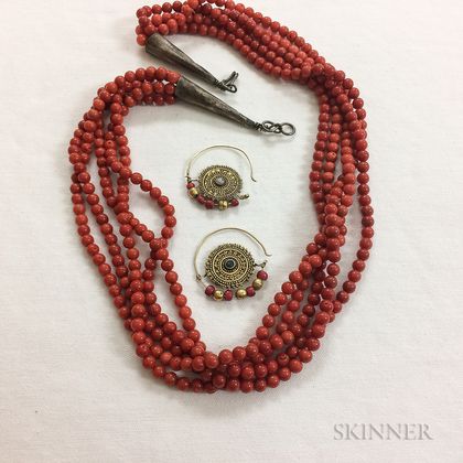 Coral Multi-strand Bead Necklace and a Pair of Earrings