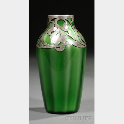 Loetz Metallin Art Glass Vase with Silver Overlay