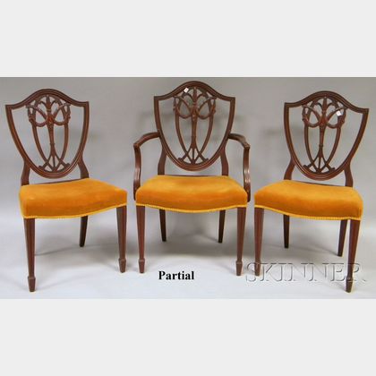 Set of Six Hepplewhite-style Upholstered Carved Maple Shield-back Dining Chairs. 