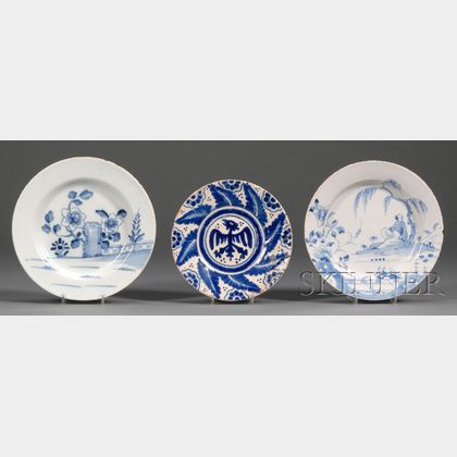 Two Delftware Plates and a Blue and White Tin-glazed Pottery Plate