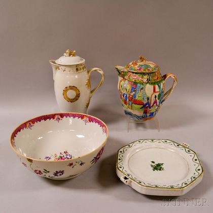 Two Chinese Export Porcelain Cider Jugs, a Punchbowl, and a Warming Dish