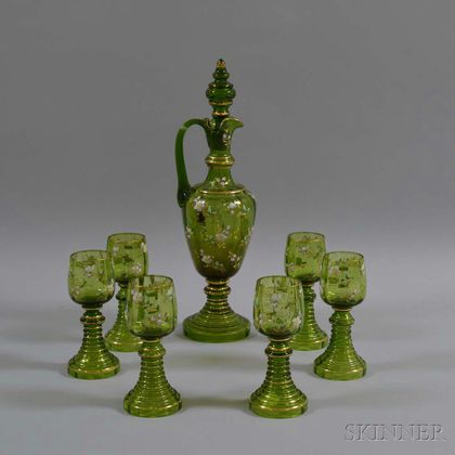 Seven-piece Bohemian Enameled Glass Drinking Set