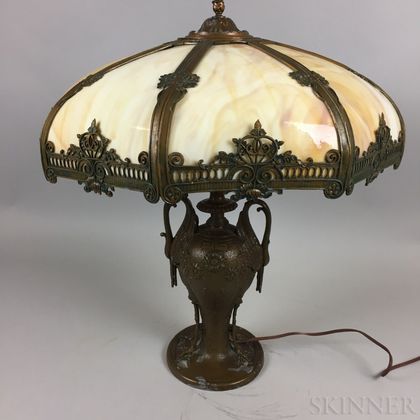 Bronze White Metal and Slag Glass Table Lamp