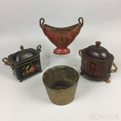 Three Tole Items and an Engraved Brass Pot