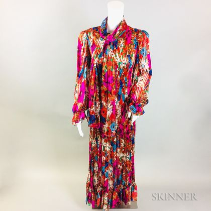 Oscar de la Renta Silk Floral Pleated Gown