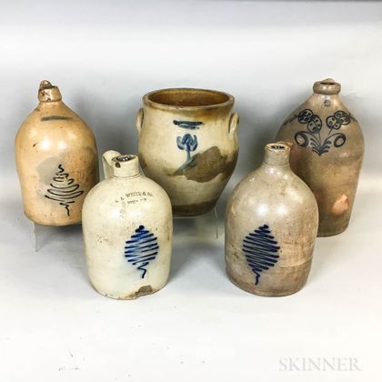 Four Cobalt-decorated Stoneware Jugs and a Crock