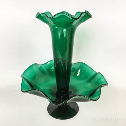 Blown Emerald Glass Epergne and a Round Bentwood Cheese Box