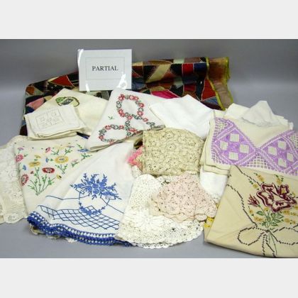 Box of Assorted Household Linens and a Crazy Quilt