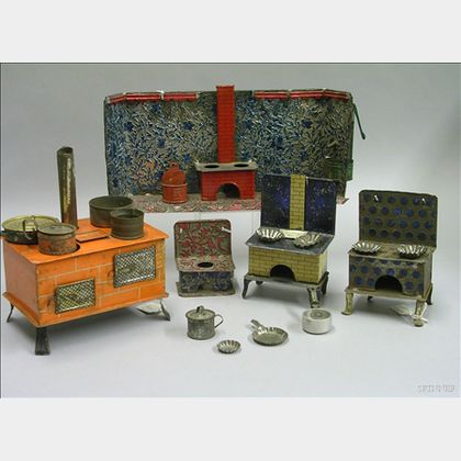 Schlesinger Tin Plate Kitchen, Four Tin Stoves and Cooking Utensils