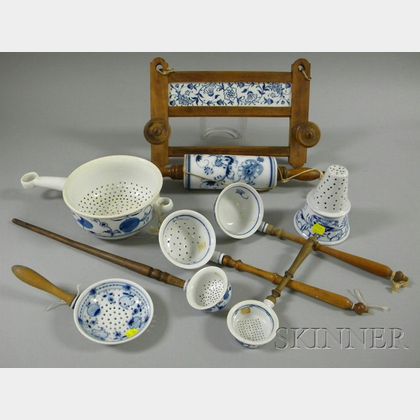 Nine German Blue and White Meissen-style Decorated Porcelain and Ceramic Kitchen Items