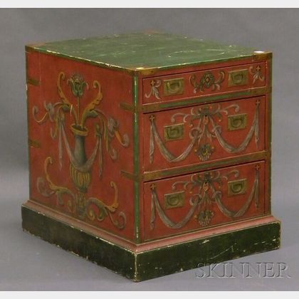 European Brass-mounted Polychrome Paint-decorated Wood Three-drawer Campaign-type Chest