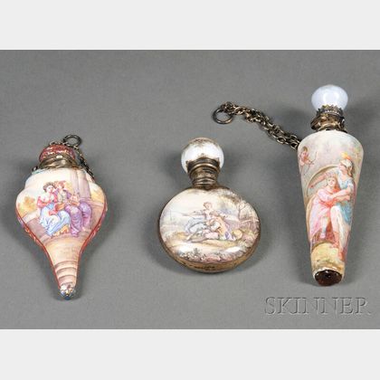 Three Small Continental Silver-mounted Enamel Scent Flasks
