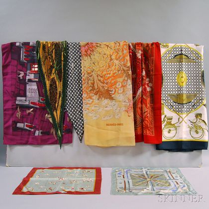 Eight Hermès Silk and Cashmere Scarves and Kerchiefs