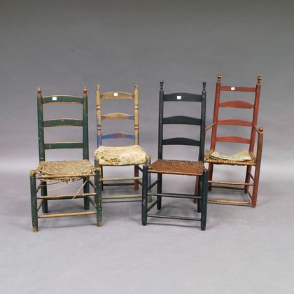 Four Early Painted Ladder-back Chairs
