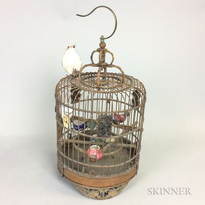 Asian Carved Wood Birdcage with Porcelain Water Pots