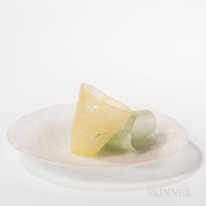 Etsuko Nishi Yellow/Green Plates Art Glass Sculpture