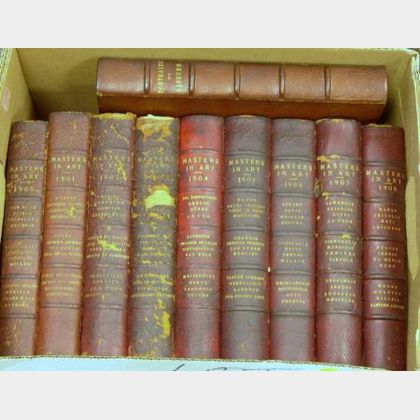 Red Leather-Bound Set of Nine Masters in Art 1900-1908 and a Portraits Raeburn. 