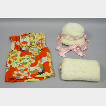 Childs Chinese Quilted Silk Vest and a White Fur and Pink Silk Satin Hat and Muff Set. 