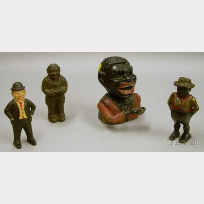 Painted Cast Iron Jolly Nigger Mechanical Bank, a Black Character Still Bank, and Two Man-with-Hat Still Banks.... 