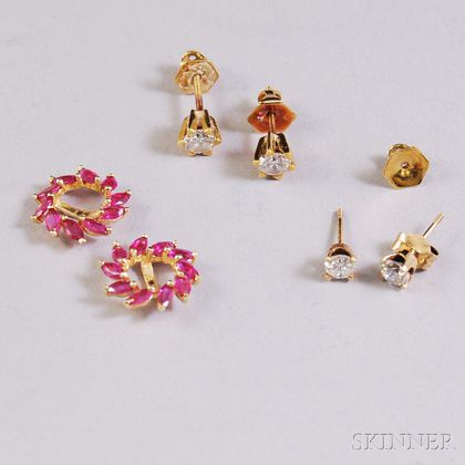 Two Pairs of Diamond Earstuds and a Pair of 14kt Gold and Pink Gemstone Jackets