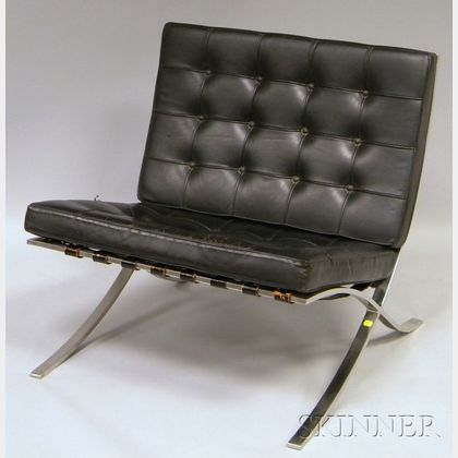 Mies van der Rohe Bent Steel Barcelona Chair with Black Leather Upholstered Cushions
