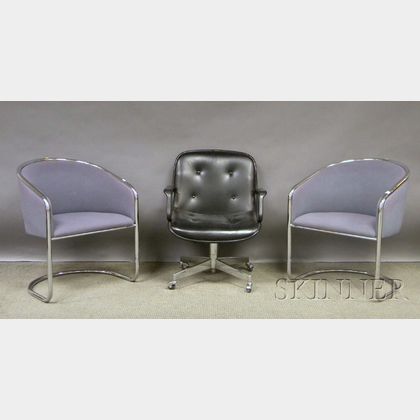 Pair of Design Furniture Center Modern Upholstered Bent Tubular Steel Barrel-back Chairs, a Modern Office Chair, and a Recliner. 