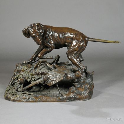 After Jules Moignez (French, 1835-1894) Large Bronze Group of a Hound and Pheasant