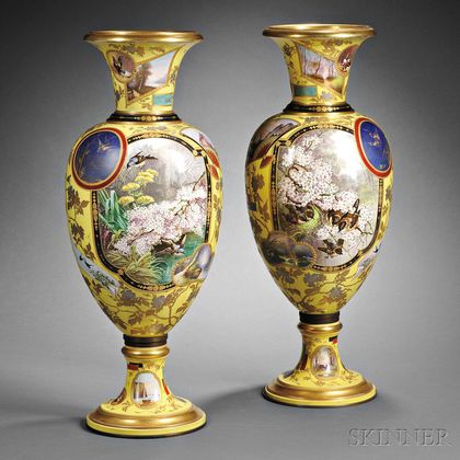 Pair of Aesthetic-style Yellow Ground Porcelain Palace Vases