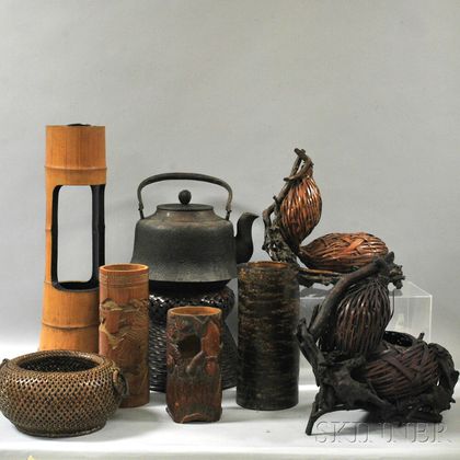 Seven Flower Containers and an Iron Kettle