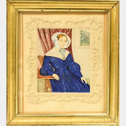 Framed Watercolor Portrait of a Woman with Ornate Embossed Border