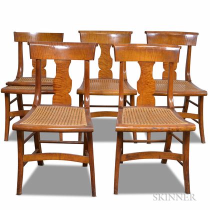 Set of Five Classical Tiger Maple Caned Side Chairs