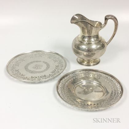 Sterling Silver Water Pitcher and Two Reticulated Cake Plates