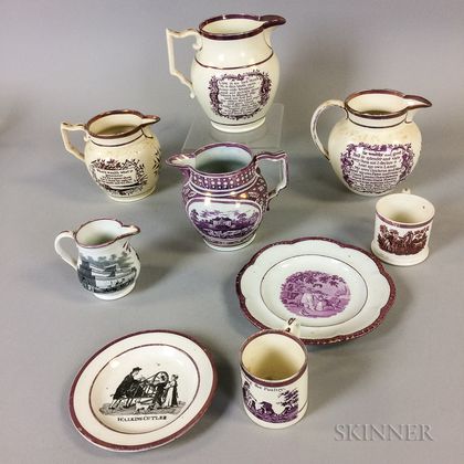 Nine Transfer-decorated Pink Lustre Ceramic Items