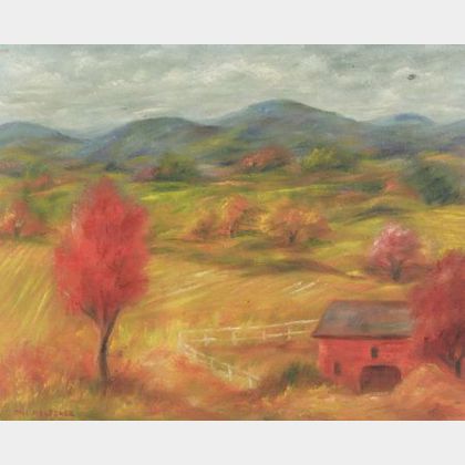 Paul Meltsner (American, 1905-1966) Red Barn in an Autumn Landscape
